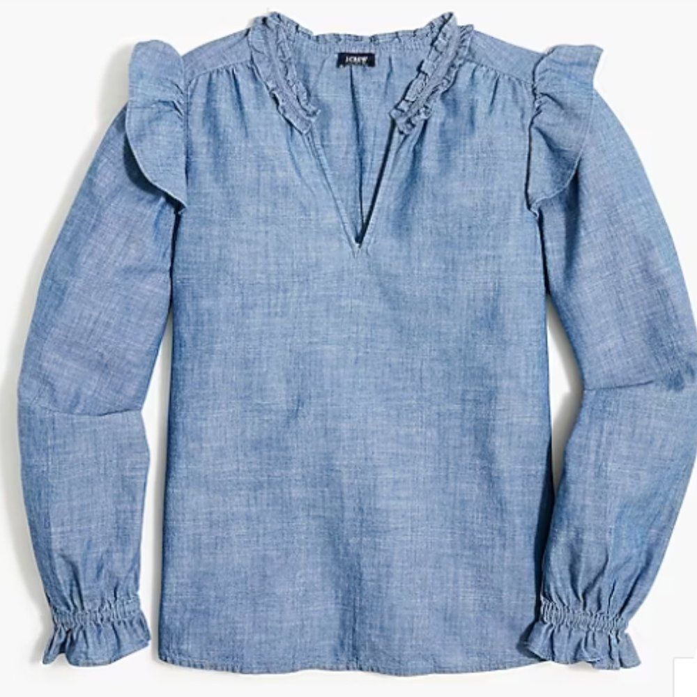 J Crew Women's Tops Chambray Ruffle Collar Blouse Cotton Denim Blue Medium $98
